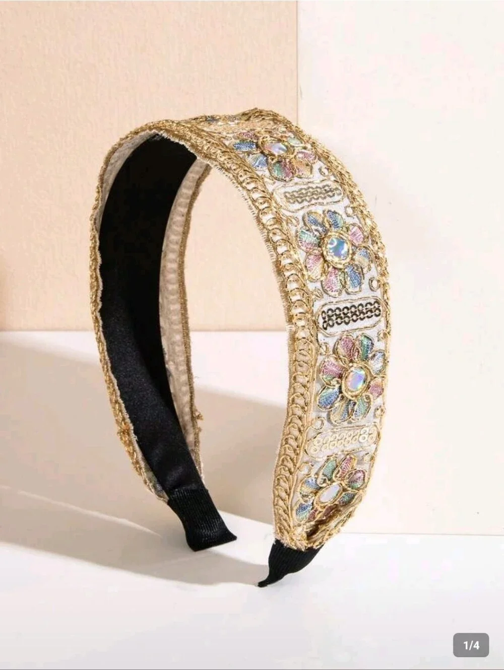 Boho Light Gold Floral Embroidered Headband